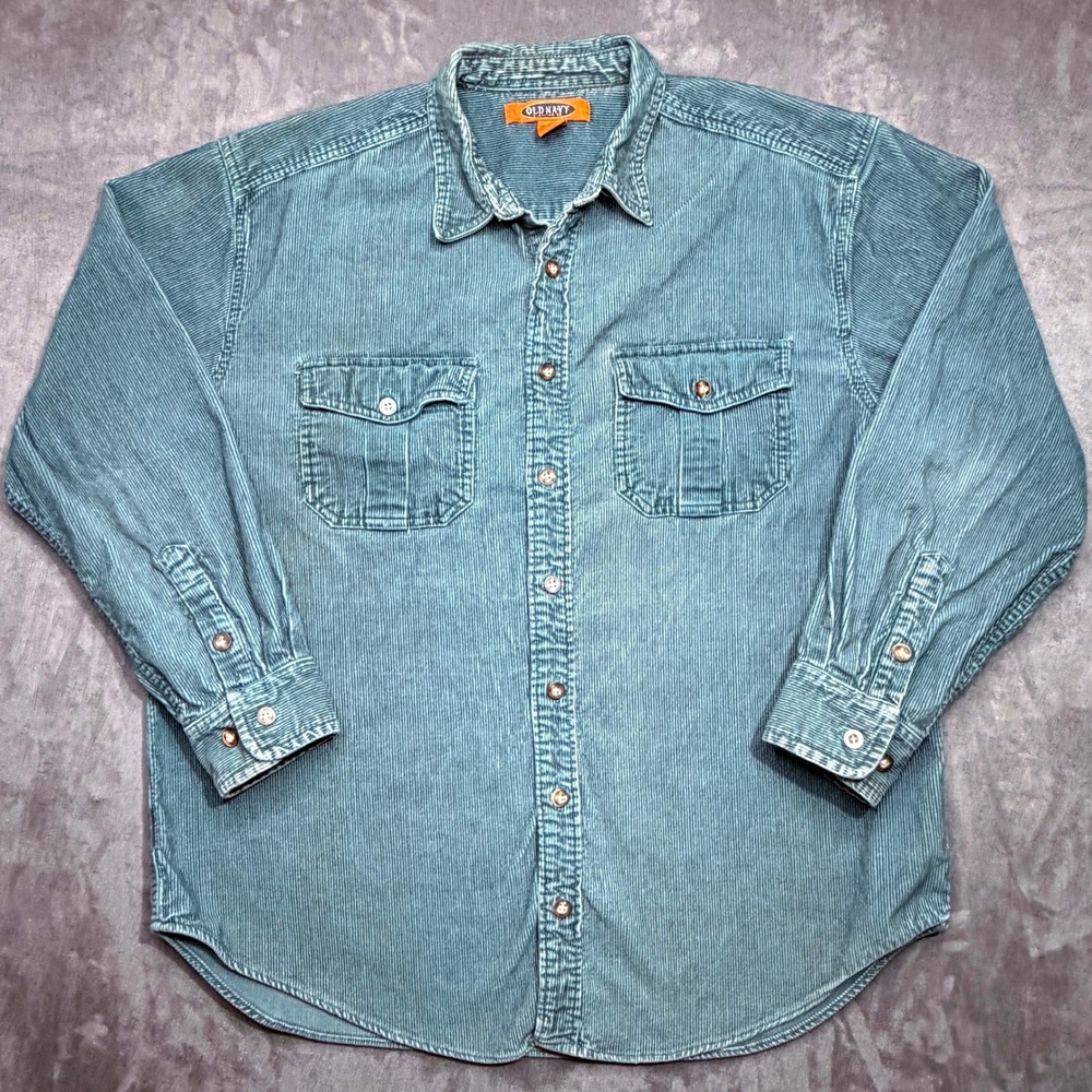 Vtg 90s Old Navy Corduroy Button Down Shirt Mens Sz L Green Shacket Thick Work